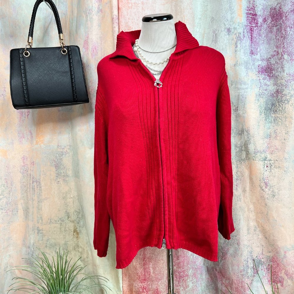 VTG📌Casual W.E.A.R Cotton Blend 2-Way Zipper Fire Red Cardigan with Collar
